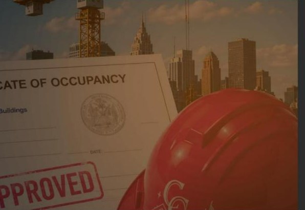 An approved NYC Department of Buildings certificate of occupancy beside a hard hat on a job site